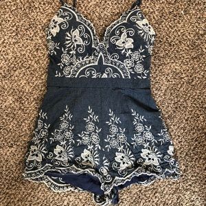 Mura Boutique Denim Lace Detail Romper